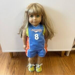 American Girl Doll Blonde Hair Green Eyes with Basketball Outfit